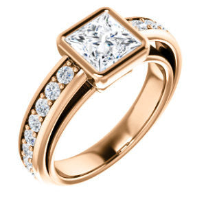 Cubic Zirconia Engagement Ring- The Racquel (Customizable Cathedral-Bezel Princess Cut Design with Stackable Round-Accented Band)