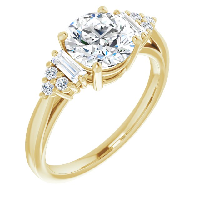 10K Yellow Gold Customizable 9-stone Design with Round Cut Center, Side Baguettes and Tri-Cluster Round Accents