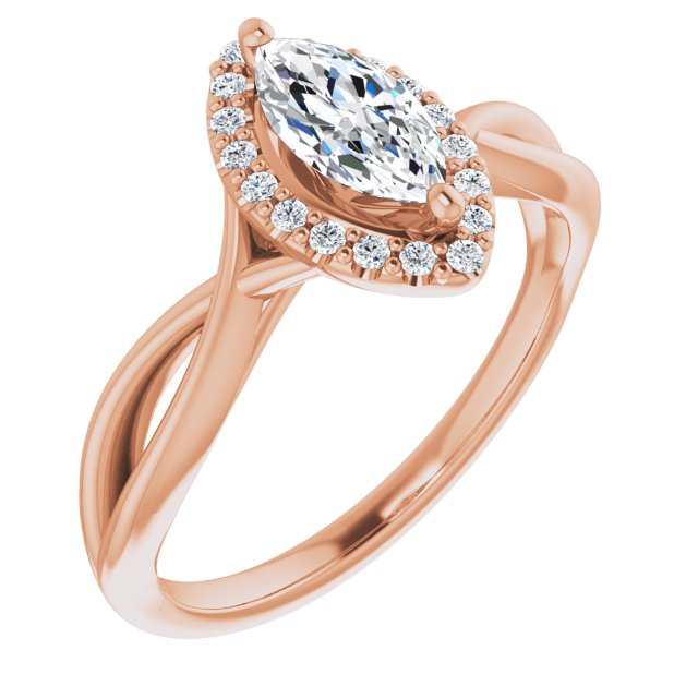 10K Rose Gold Customizable Cathedral-Halo Marquise Cut Design with Twisting Split Band