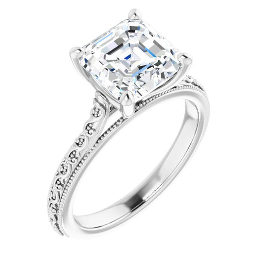 10K White Gold Customizable Asscher Cut Solitaire with Delicate Milgrain Filigree Band