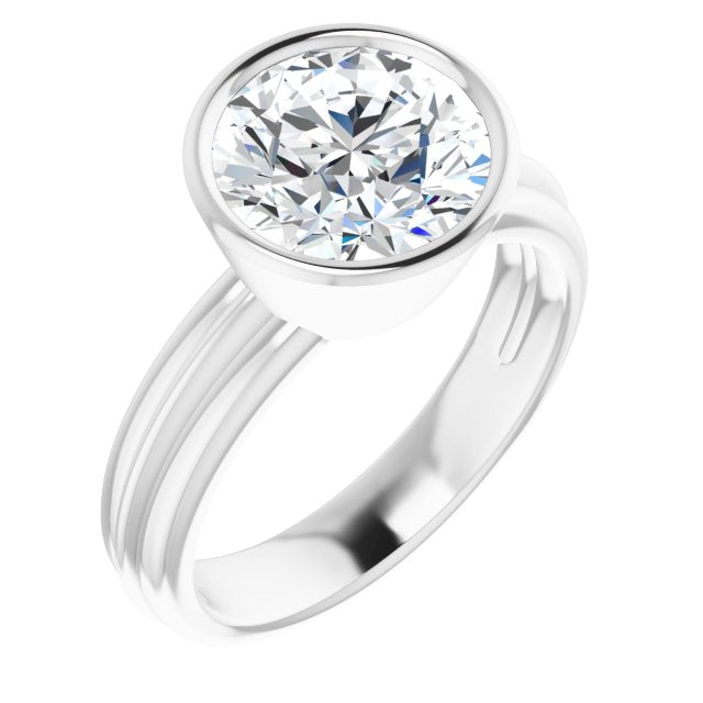 14K White Gold Customizable Bezel-set Round Cut Solitaire with Grooved Band