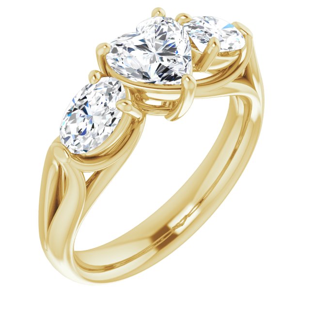 10K Yellow Gold Customizable Cathedral-set 3-stone Heart Cut Style with Dual Oval Cut Accents & Wide Split Band