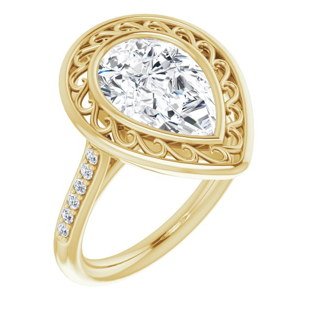 10K Yellow Gold Customizable Cathedral-Bezel Pear Cut Design with Floral Filigree and Thin Shared Prong Band