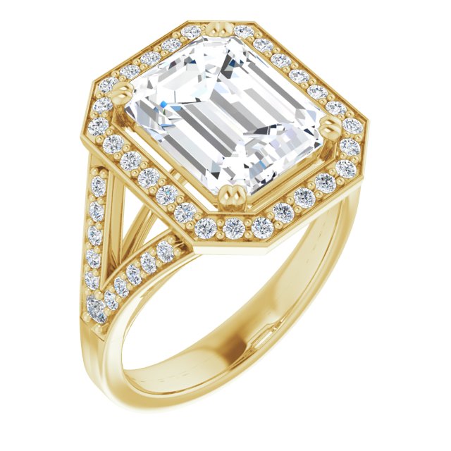10K Yellow Gold Customizable Cathedral-set Emerald/Radiant Cut Style with Accented Split Band and Halo