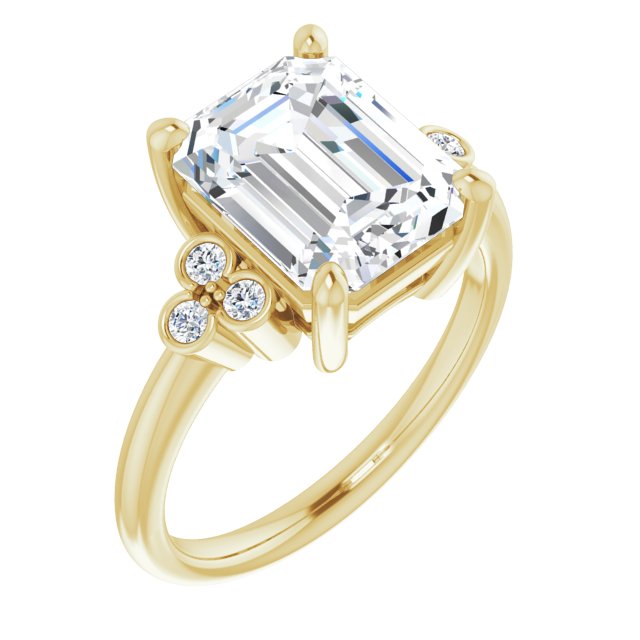 10K Yellow Gold Customizable 7-stone Emerald/Radiant Cut Center with Round-Bezel Side Stones