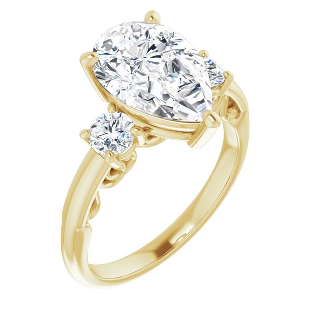 10K Yellow Gold Customizable Pear Cut 3-stone Style featuring Heart-Motif Band Enhancement