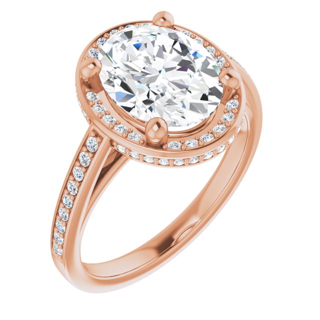 10K Rose Gold Customizable Cathedral-Halo Oval Cut Design with Under-halo & Shared Prong Band