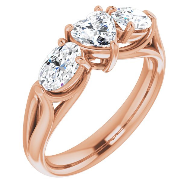 10K Rose Gold Customizable Cathedral-set 3-stone Heart Cut Style with Dual Oval Cut Accents & Wide Split Band