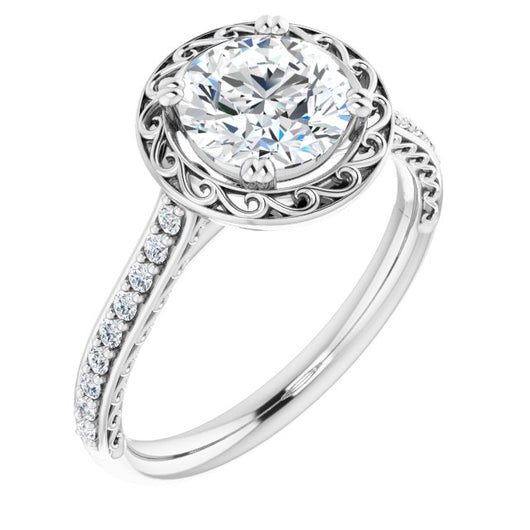 10K White Gold Customizable Round Cut Halo Design with Filigree and Accented Band