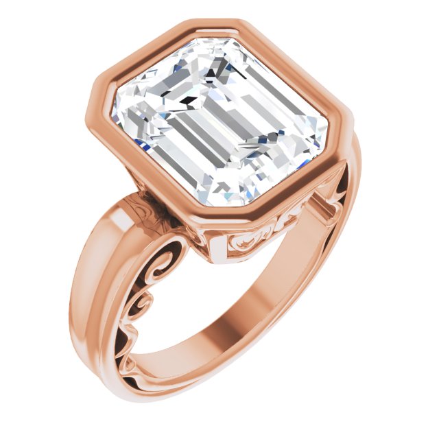 10K Rose Gold Customizable Bezel-set Emerald/Radiant Cut Solitaire with Wide 3-sided Band