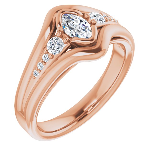 10K Rose Gold Customizable 9-stone Marquise Cut Design with Bezel Center, Wide Band and Round Prong Side Stones