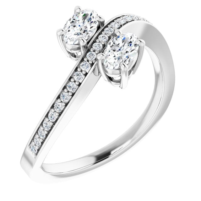 10K White Gold Customizable 2-stone Oval Cut Bypass Design with Thin Twisting Shared Prong Band