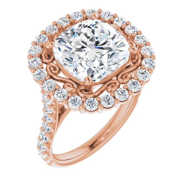 10K Rose Gold Customizable Cushion Cut Cathedral Style with Oversized Halo