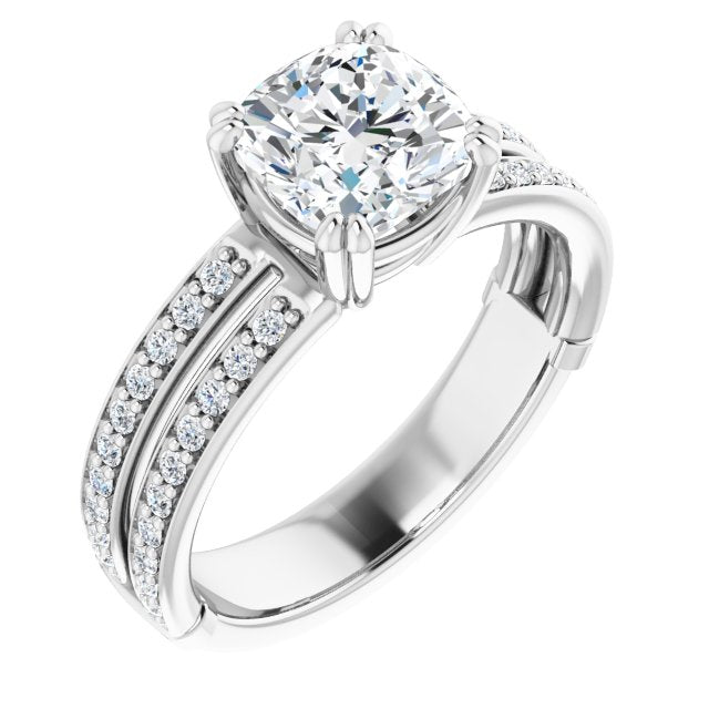 14K White Gold Customizable Cushion Cut Design featuring Split Band with Accents