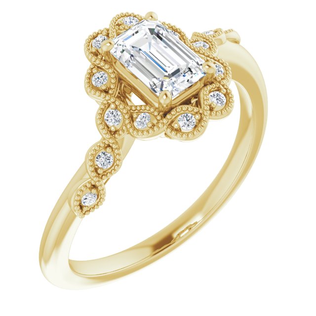 10K Yellow Gold Customizable 3-stone Design with Emerald/Radiant Cut Center and Halo Enhancement