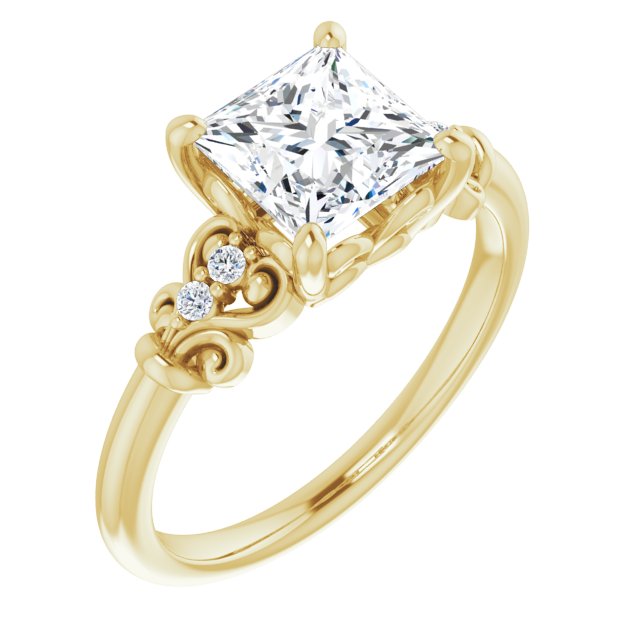 10K Yellow Gold Customizable Vintage 5-stone Design with Princess/Square Cut Center and Artistic Band Décor