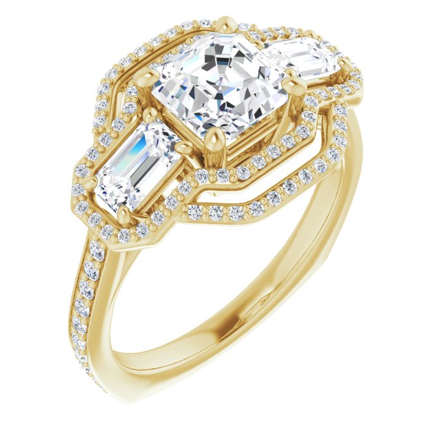 10K Yellow Gold Customizable Enhanced 3-stone Style with Asscher Cut Center, Emerald Cut Accents, Double Halo and Thin Shared Prong Band
