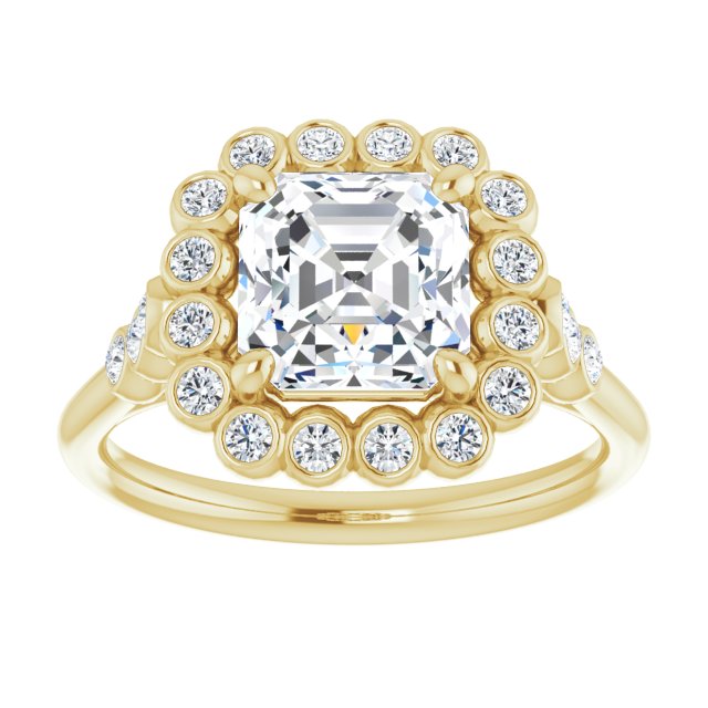 Cubic Zirconia Engagement Ring- The Chandni (Customizable Asscher Cut Cathedral-Style Clustered Halo Design with Round Bezel Accents)