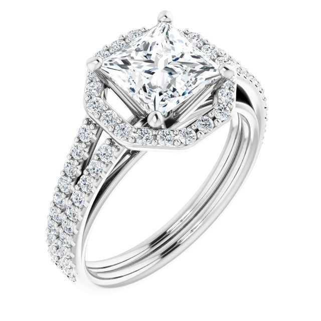 10K White Gold Customizable Cathedral Princess/Square Cut Design with Geometric Halo & Split Pavé Band
