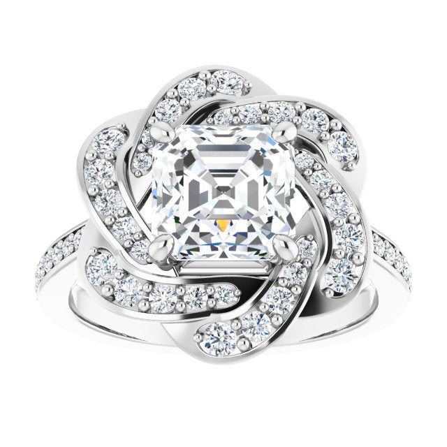 Cubic Zirconia Engagement Ring- The Lana (Customizable Cathedral-raised Asscher Cut Design with Floral/Knot Halo and Thin Accented Band)