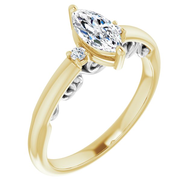 14K Yellow & White Gold Customizable Marquise Cut 3-stone Style featuring Heart-Motif Band Enhancement