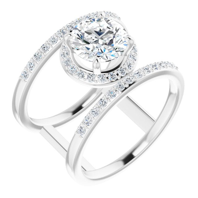 14K White Gold Customizable Round Cut Halo Design with Open, Ultrawide Harness Double Pavé Band