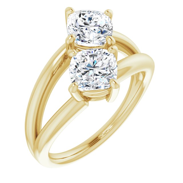 10K Yellow Gold Customizable Two Stone Double Cushion Cut Design with Split Bypass Band