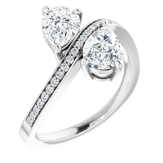 10K White Gold Customizable 2-stone Pear Cut Bypass Design with Thin Twisting Shared Prong Band
