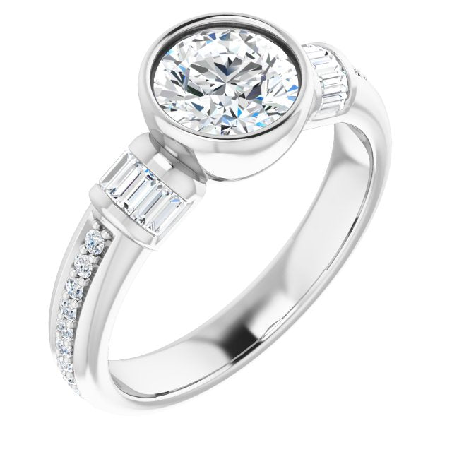 10K White Gold Customizable Cathedral-Bezel Round Cut Style with Horizontal Baguettes & Shared Prong Band