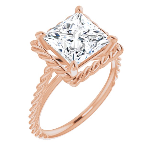 10K Rose Gold Customizable Cathedral-set Princess/Square Cut Solitaire with Thin Rope-Twist Band