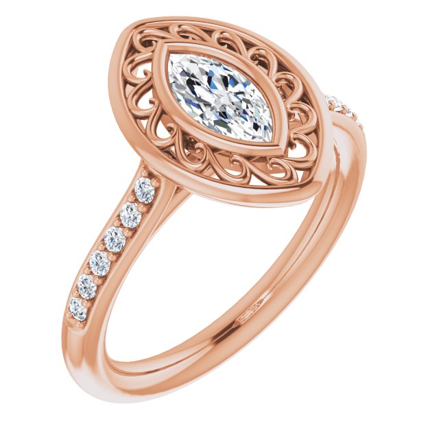 10K Rose Gold Customizable Cathedral-Bezel Marquise Cut Design with Floral Filigree and Thin Shared Prong Band