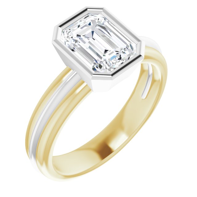 14K Yellow & White Gold Customizable Bezel-set Emerald/Radiant Cut Solitaire with Grooved Band