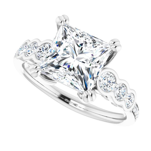 Cubic Zirconia Engagement Ring- The Jeanna (Customizable Princess/Square Cut 7-stone Style Enhanced with Bezel Accents and Shared Prong Band)