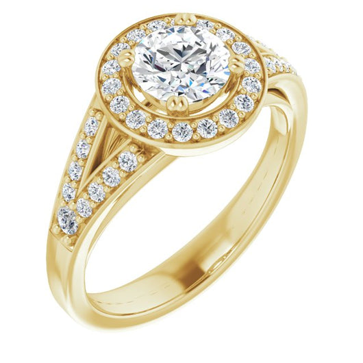 10K Yellow Gold Customizable Cathedral-set Round Cut Style with Accented Split Band and Halo