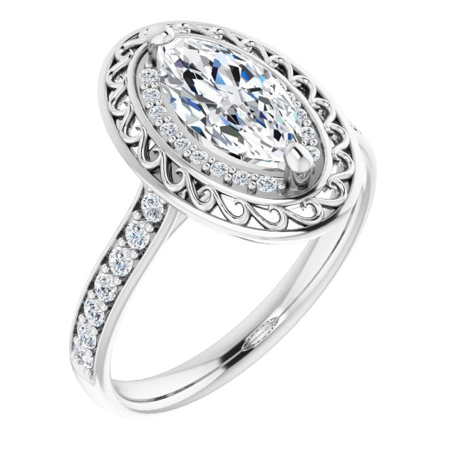 10K White Gold Customizable Cathedral-style Marquise Cut featuring Cluster Accented Filigree Setting & Shared Prong Band