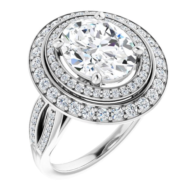 10K White Gold Customizable Cathedral-style Oval Cut Design with Double Halo & Split-Pavé Band