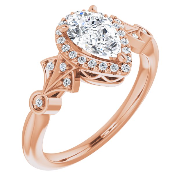 10K Rose Gold Customizable Cathedral-Crown Pear Cut Design with Halo and Scalloped Side Stones