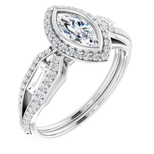 10K White Gold Customizable Cathedral-Bezel Marquise Cut Design with Halo, Split-Pavé Band & Channel Baguettes