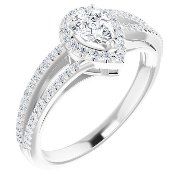 10K White Gold Customizable Pear Cut Vintage Design with Halo Style and Asymmetrical Split-Pavé Band