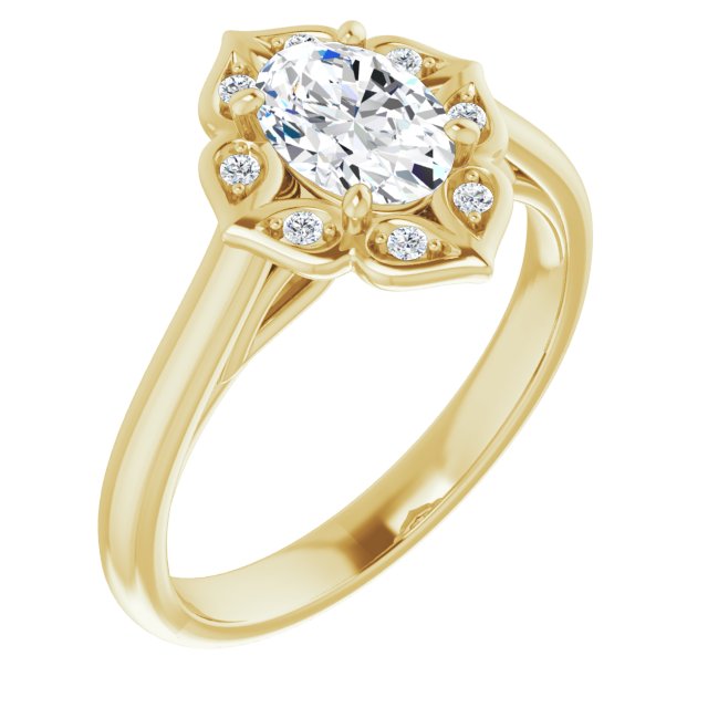 10K Yellow Gold Customizable Cathedral-raised Oval Cut Design with Star Halo & Round-Bezel Peekaboo Accents