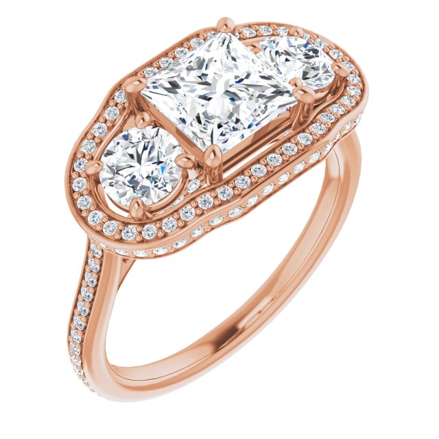 10K Rose Gold Customizable 3-stone Princess/Square Cut Design with Multi-Halo Enhancement and 150+-stone Pavé Band