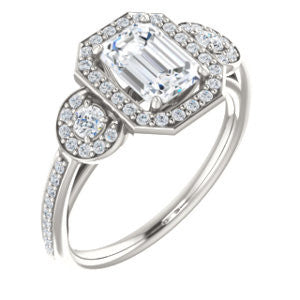 Cubic Zirconia Engagement Ring- The Téa (Emerald Cut Customizable 3-Stone Cathedral-Halo with Accented Band)