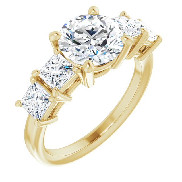 14K Yellow Gold Customizable 5-stone Round Cut Style with Quad Princess-Cut Accents