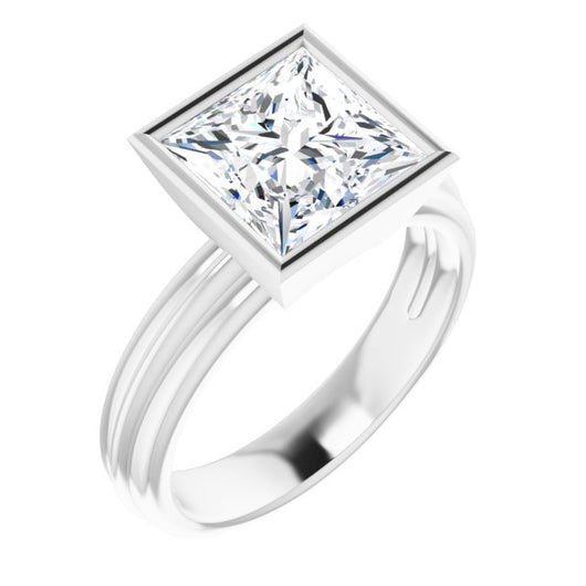 10K White Gold Customizable Bezel-set Princess/Square Cut Solitaire with Grooved Band