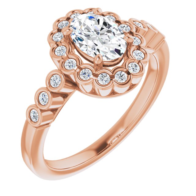10K Rose Gold Customizable Oval Cut Design with Round-bezel Halo and Band Accents