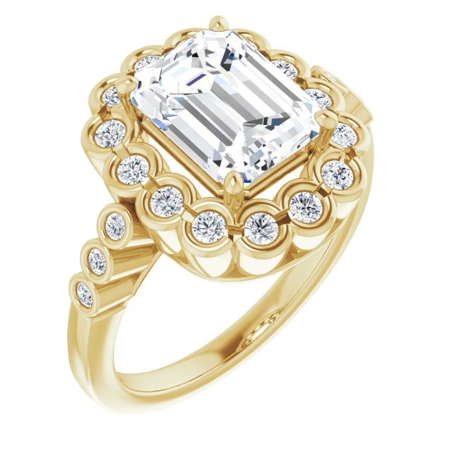 10K Yellow Gold Customizable Emerald/Radiant Cut Design with Round-bezel Halo and Band Accents