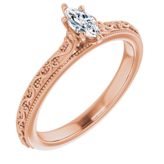 10K Rose Gold Customizable Marquise Cut Solitaire with Delicate Milgrain Filigree Band