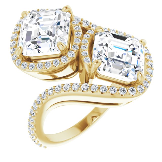10K Yellow Gold Customizable Double Asscher Cut 2-Stone Style Enhanced with Accented Artisan Bypass Band