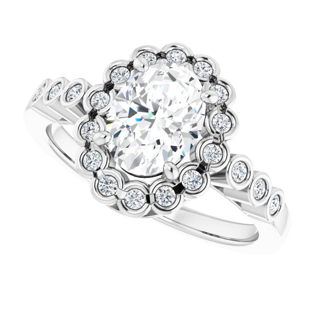 Cubic Zirconia Engagement Ring- The Berkley (Customizable Oval Cut Design with Round-bezel Halo and Band Accents)