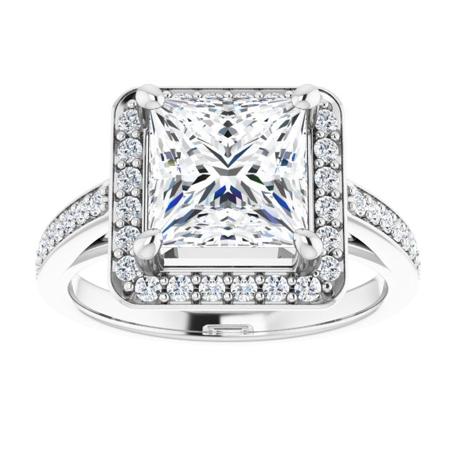 Cubic Zirconia Engagement Ring- The Farrah Michelle (Customizable Princess/Square Cut Style with Halo and Sculptural Trellis)